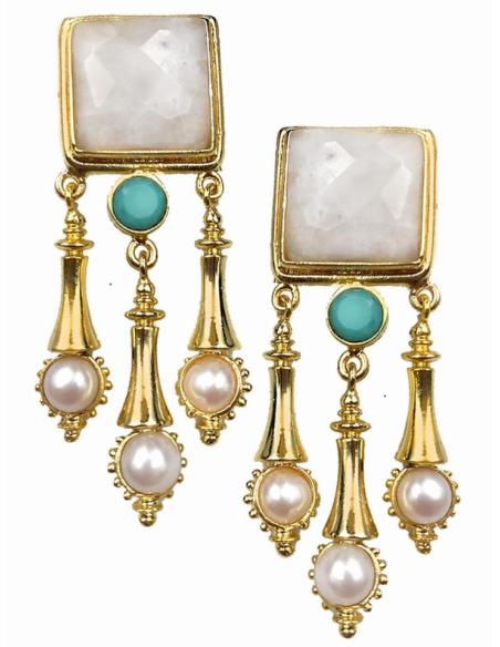 PENDIENTES MUJER LARGOS DE PERLAS Y CUARZO REPLICA DE JOYAS
