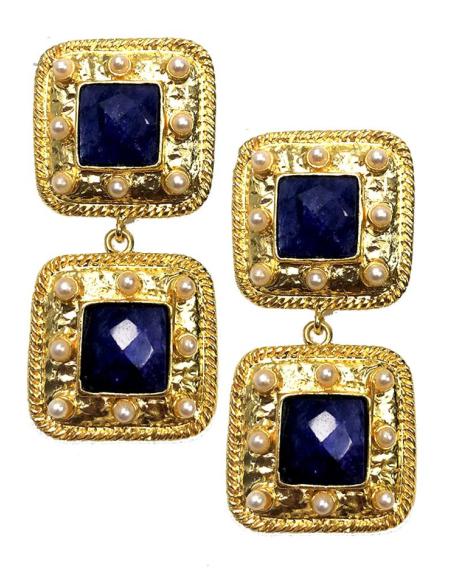 PENDIENTES AZULES Y DORADOS DISEÑO BARROCO CON PERLAS