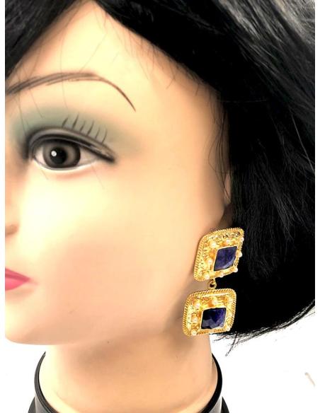 PENDIENTES AZULES Y DORADOS DISEÑO BARROCO CON PERLAS