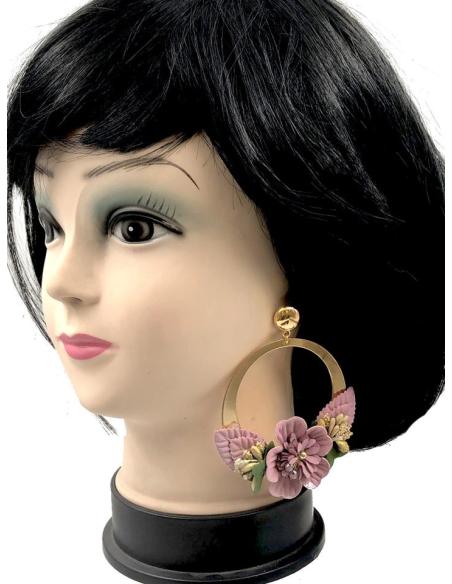 PENDIENTES DE FLAMENCA LILAS DE AROS GRANDES Y FLORES