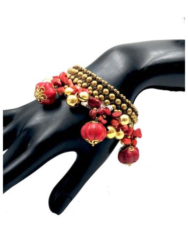 PULSERAS MUJER ROJAS DE PIEDRA Y MACRAME ESTILO IBICENCO