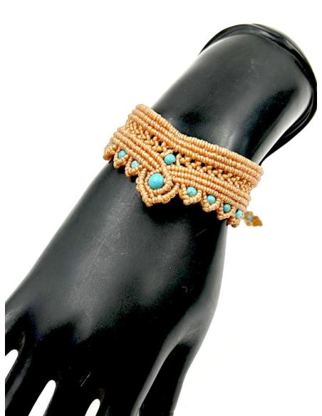 PULSERAS MUJER CAMEL DE MACRAME CON PIEDRAS TURQUESAS