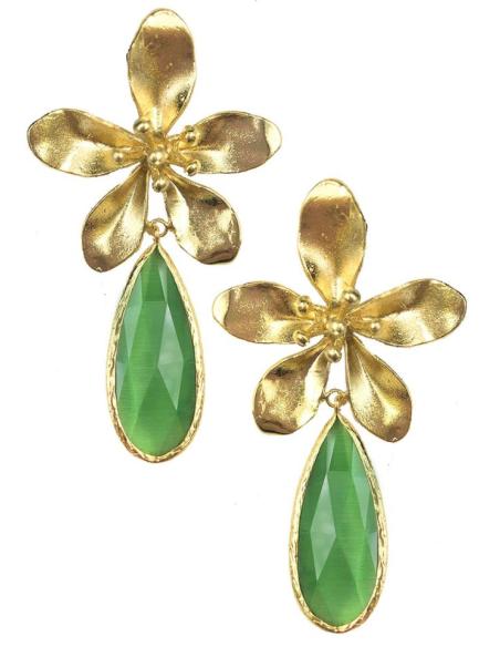 PENDIENTES LARGOS MUJER EN PIEDRA VERDE ESMERALDA Y FLOR DORADA