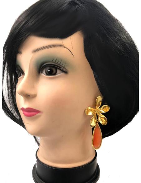 PENDIENTES LARGOS MUJER EN PIEDRA NARANJA Y FLOR DORADA