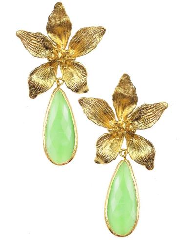 PENDIENTES LARGOS MUJER EN PIEDRA VERDE AGUA Y FLOR DORADA