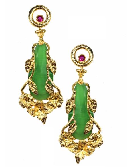 PENDIENTES MUJER LARGOS VERDES ESMERALDA EN LÁGRIMA Y FLORES