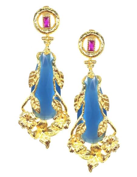 PENDIENTES MUJER LARGOS AZULONES ELEGANTEMENTE DECORADOS