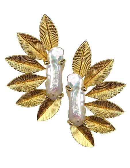 PENDIENTES MUJER CORTOS DORADOS CON PERLAS DISEÑO DE HOJAS