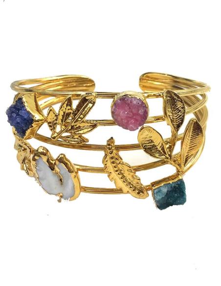 BRAZALETES ANCHOS DORADOS CON PIEDRAS DRUSAS DE COLORES