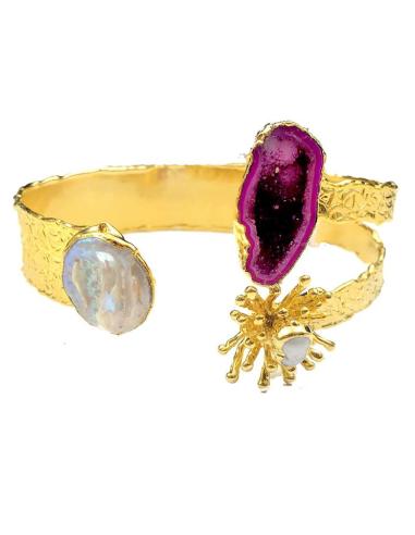 PULSERAS MUJER DORADAS CON PERLAS Y PIEDRA BUGAMBILIA