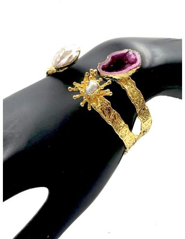 PULSERAS MUJER DORADAS CON PERLAS Y PIEDRA BUGAMBILIA