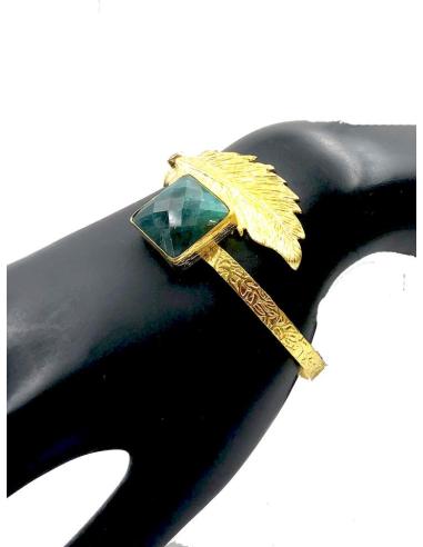 PULSERAS DORADAS DE MUJER CON HOJITA Y PIEDRA VERDE CUADRADA