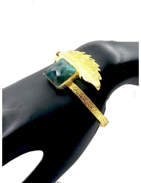 PULSERAS DORADAS DE MUJER CON HOJITA Y PIEDRA VERDE CUADRADA
