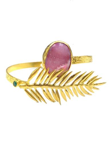 PULSERAS MUJER DE PIEDRA ROSA DRUSA Y DETALLE DECORATIVO DE HOJA