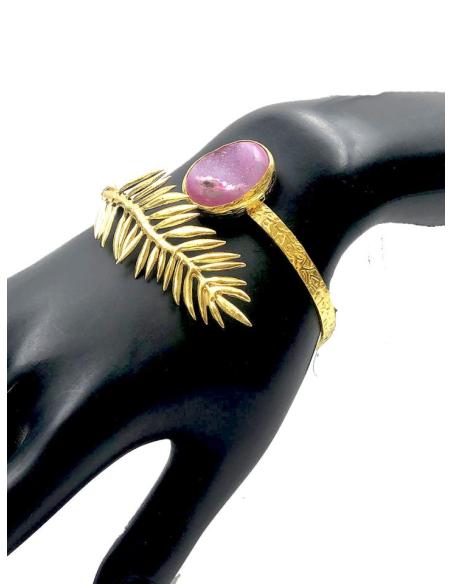 PULSERAS MUJER DE PIEDRA ROSA DRUSA Y DETALLE DECORATIVO DE HOJA