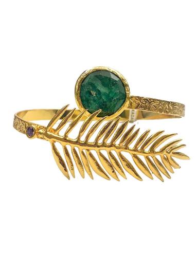 PULSERAS DORADAS DE MUJER CON HOJITA Y PIEDRA VERDE