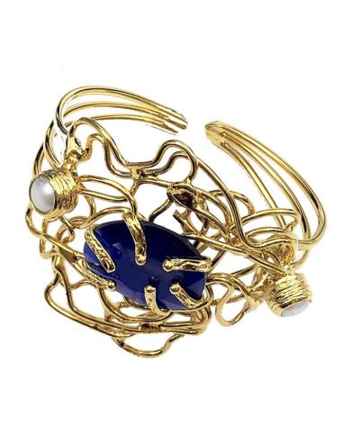 PULSERAS DE MUJER DORADAS CON PIEDRA AZULONA Y PERLAS PARA BODAS