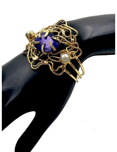 PULSERAS DE MUJER DORADAS CON PIEDRA AZULONA Y PERLAS PARA BODAS