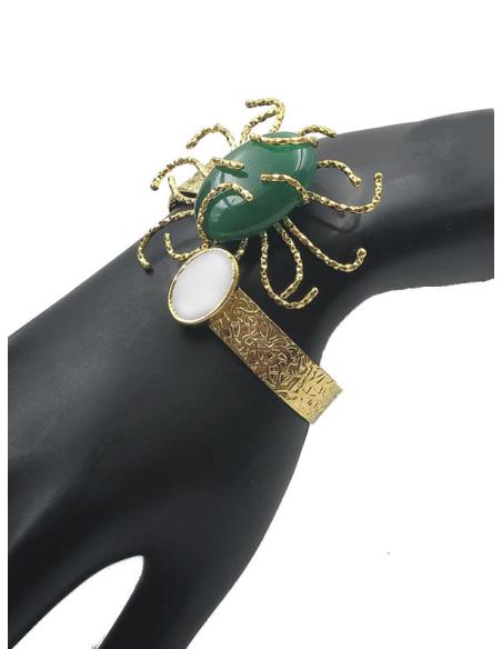 PULSERAS DE MUJER DORADAS CON PIEDRA VERDE Y PERLAS PARA BODAS