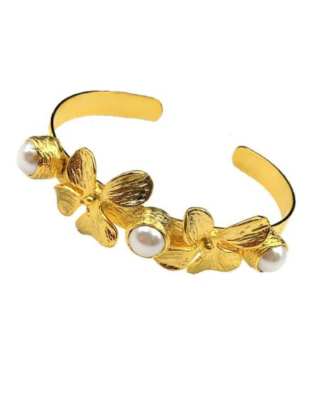 PULSERAS MUJER DORADAS CON PERLAS Y FLORES PARA BODAS