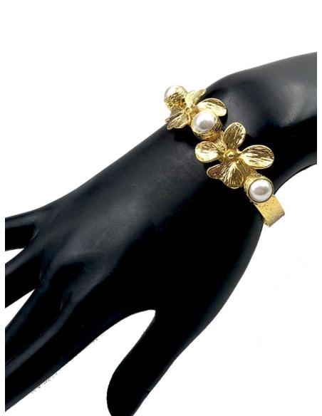 PULSERAS MUJER DORADAS CON PERLAS Y FLORES PARA BODAS