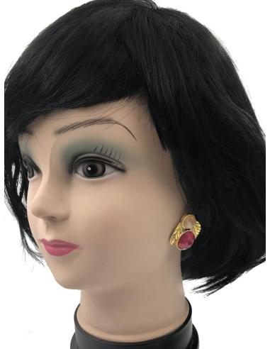 PENDIENTES PEQUEÑOS BODA CON HOJITAS DORADAS Y PIEDRA FUCSIA BUGAMBILIA