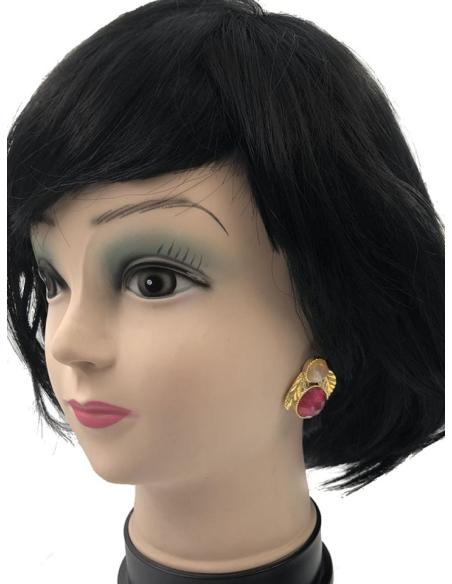 PENDIENTES PEQUEÑOS BODA CON HOJITAS DORADAS Y PIEDRA FUCSIA BUGAMBILIA