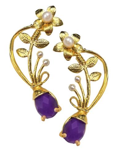 PENDIENTES LARGOS DORADOS Y MORADOS CON PERLAS JOYAS ANTIGUAS
