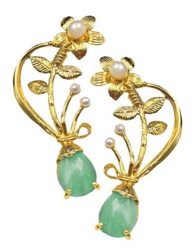 PENDIENTES LARGOS DORADOS Y VERDES CLARO CON PERLAS JOYAS ANTIGUAS