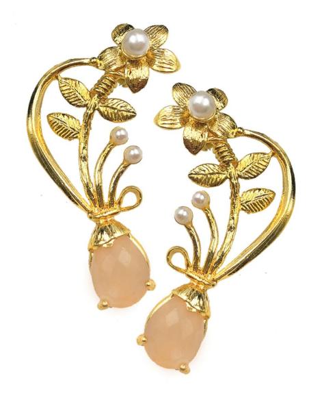 PENDIENTES LARGOS DORADOS CON CUARZO ROSA Y PERLAS JOYAS ANTIGUAS