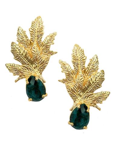 LARGOS PENDIENTES DORADOS Y VERDES DE HOJAS VISTOSAS Y PIEDRA