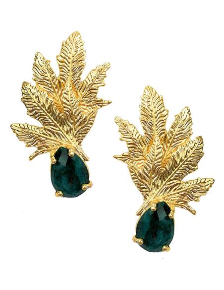 LARGOS PENDIENTES DORADOS Y VERDES DE HOJAS VISTOSAS Y PIEDRA