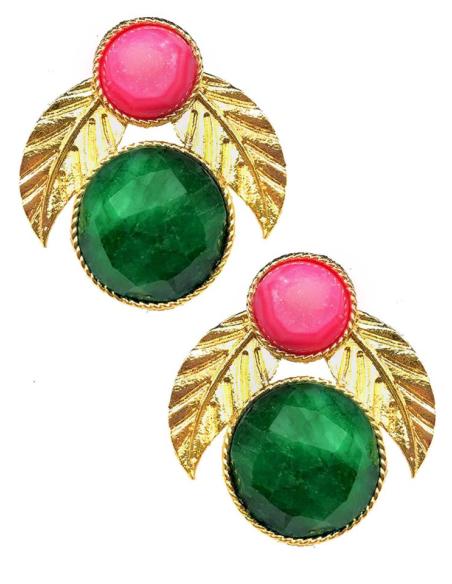 PENDIENTES PEQUEÑOS PARA BODA CON HOJITAS DORADAS Y PIEDRA VERDE