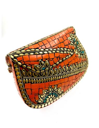 BOLSOS NARANJAS DE FIESTA EN LATON CON MOSAICO DE PIEDRAS