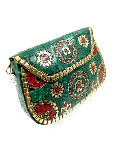 BOLSOS VERDES DE FIESTA EN LATON CON MOSAICO DE PIEDRAS