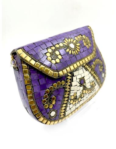 BOLSOS MORADOS DE FIESTA EN LATON CON MOSAICO DE PIEDRAS