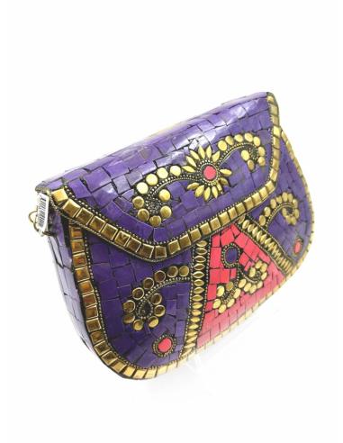 BOLSOS MORADOS Y FUCSIAS DE FIESTA EN LATON CON MOSAICO DE PIEDRAS