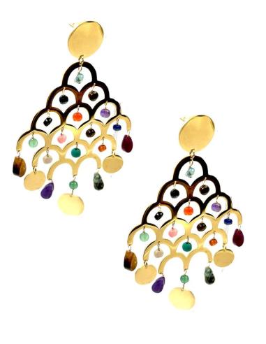 PENDIENTES LARGOS DORADOS DE MUJER CON PIEDRECITAS DE COLORES