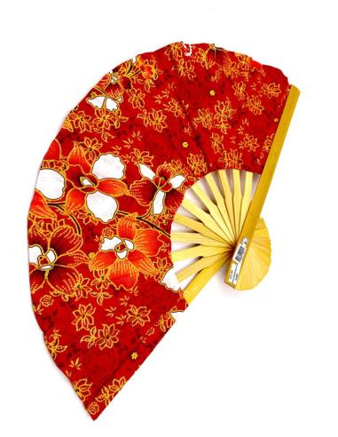 ABANICOS ROJOS CON ORIGINAL ESTAMPADO DE TELAS EXOTICAS