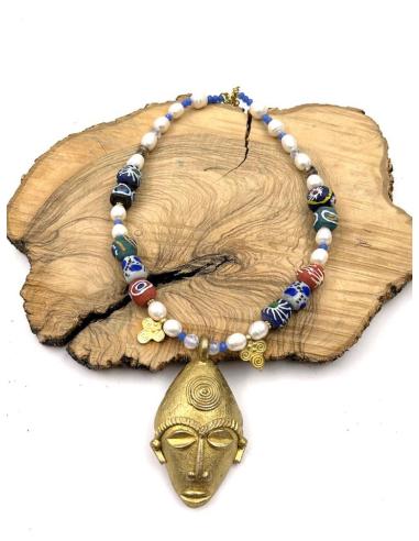 COLLARES MUJER ARTE AFRICANO MASCARA DECORACION TRIBAL Y PERLAS