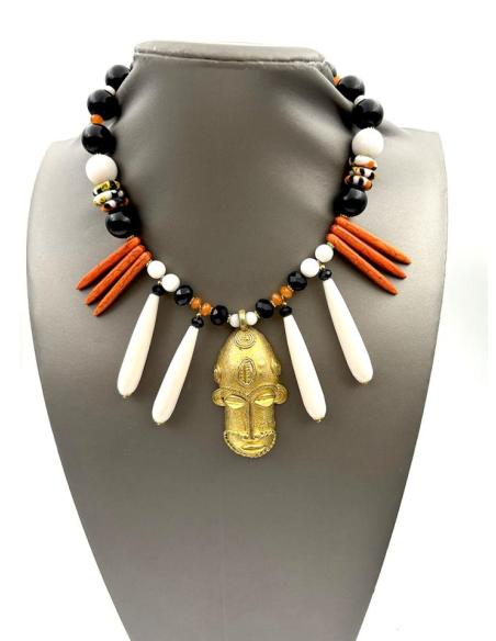 COLLARES MUJER MASCARA AFRICANA EN NEGRO BLANCO Y NARANJA