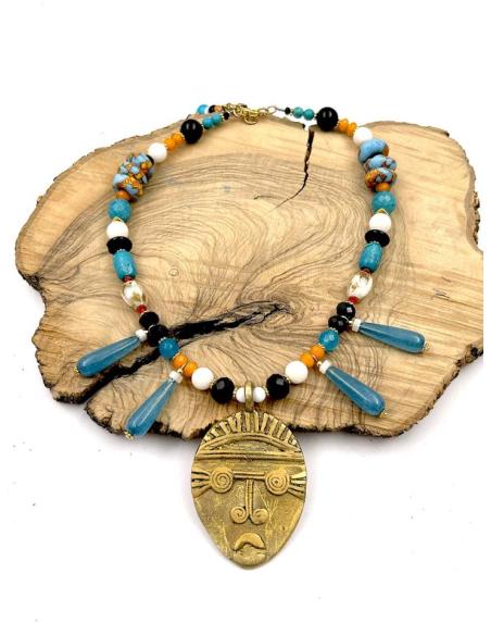 COLLARES MUJER AZULES DE PIEDRA Y MASCARA ANTIGUA AFRICANA