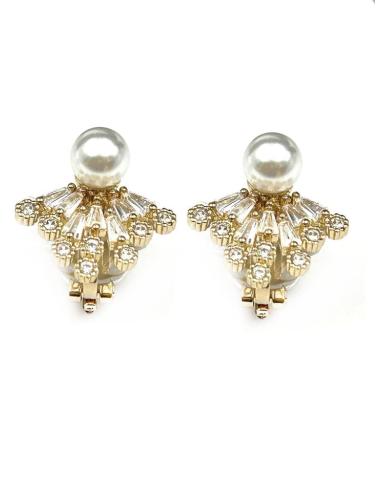 PENDIENTES MUJER CLIP DORADOS CON PERLAS Y ABANICO EN CRISTAL