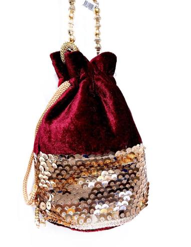 BOLSO DE FIESTA BOMBONERA TERCIO PELO GRANATE CON DECORADO CON LENTEJUELAS