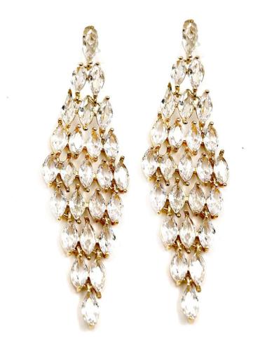 PENDIENTES MUJER LARGOS DORADOS EXQUISITO DISEÑO ROMBO CON TALLAS CRISTAL