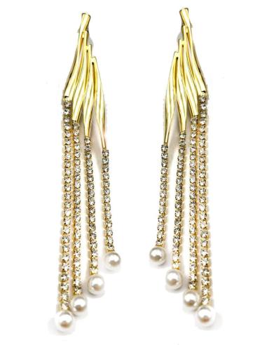 PENDIENTES MUJER LARGOS DORADOS CON PERLITAS Y CRISTAL ALTO BRILLO PARA BODAS