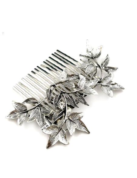 PEINETAS PLATEADAS PARA BODAS CON HOJITAS Y DESTELLOS DE CRISTAL