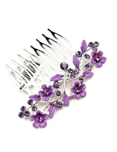 PEINETAS LILAS PEQUEÑAS PARA BODAS CON FLORECITAS Y DESTELLOS CRISTAL
