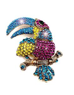 BROCHES DE FIESTA TUCAN VISTOSO CON PEDRERIA BUGAMBILIA Y AZUL