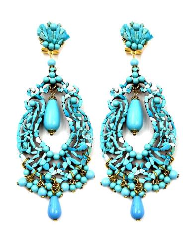 PENDIENTES DE TURQUESA LARGOS DE ALTA BISIUTERIA ESPECTACULAR DISEÑO FLAMENCO